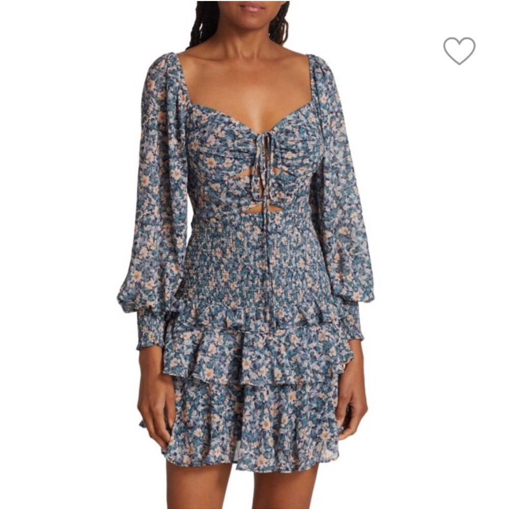 ASTR Marietta Dress Size S Blue Pink Floral Long Sleeve Tiered Smocked Cutout